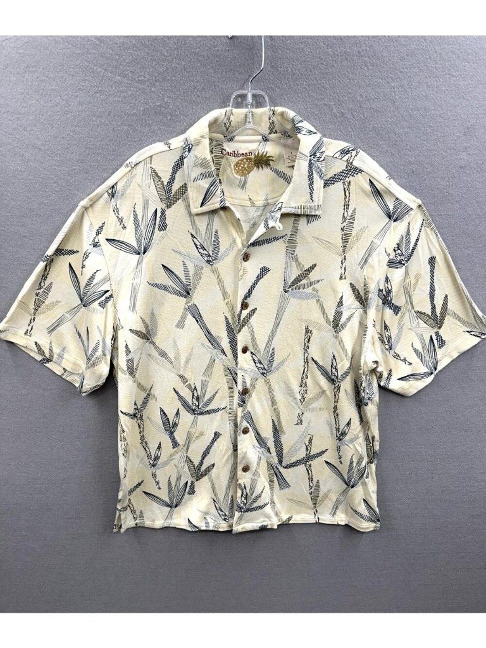 Caribbean Silk Blend Shirt Men's L Short Sleeve Button Up Tropical Shirt Cream